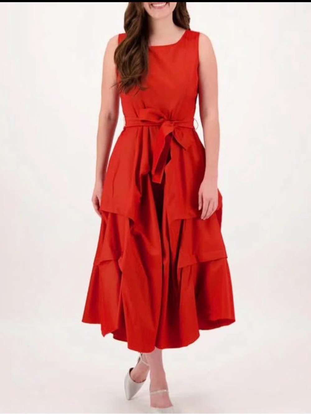 Samuel Dong Red Sleeveless Tiered Midi Dress with Waist Tie